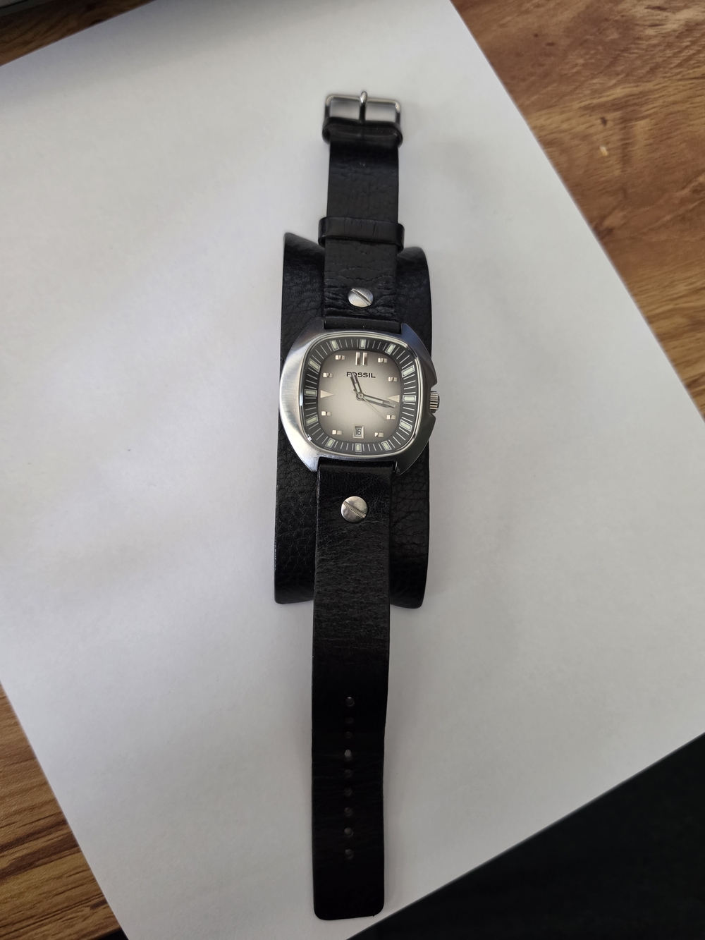 Fossil Black Leather Cuff Watch with Silver Square Case